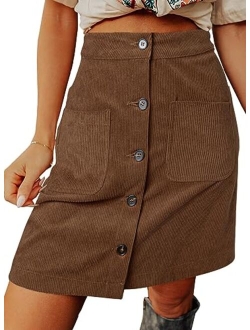 Happy Sailed Womens Corduroy Skirts Fall Winter High Waist Button Down A-line Short Mini Skirt with Pockets