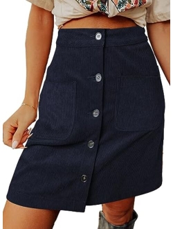 Happy Sailed Womens Corduroy Skirts Fall Winter High Waist Button Down A-line Short Mini Skirt with Pockets