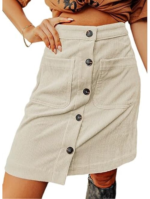 Happy Sailed Womens Corduroy Skirts Fall Winter High Waist Button Down A-line Short Mini Skirt with Pockets