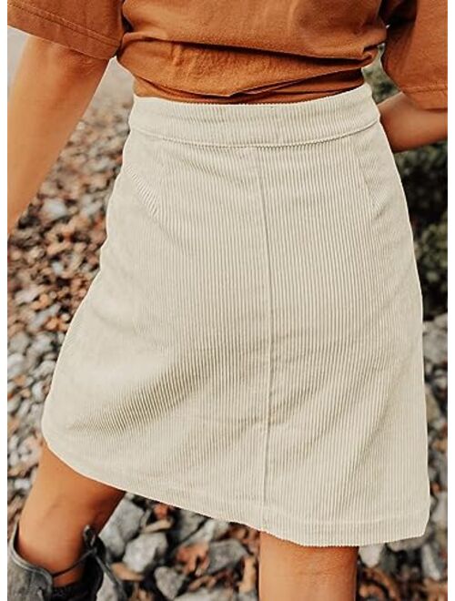 Happy Sailed Womens Corduroy Skirts Fall Winter High Waist Button Down A-line Short Mini Skirt with Pockets