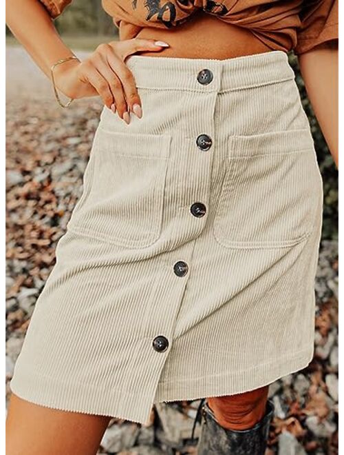 Happy Sailed Womens Corduroy Skirts Fall Winter High Waist Button Down A-line Short Mini Skirt with Pockets