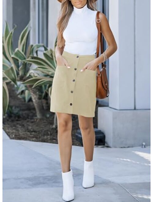 Happy Sailed Womens Corduroy Skirts Fall Winter High Waist Button Down A-line Short Mini Skirt with Pockets