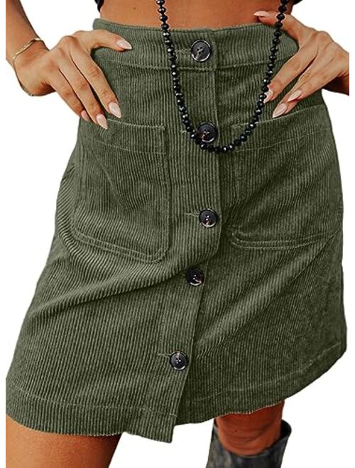 Happy Sailed Womens Corduroy Skirts Fall Winter High Waist Button Down A-line Short Mini Skirt with Pockets