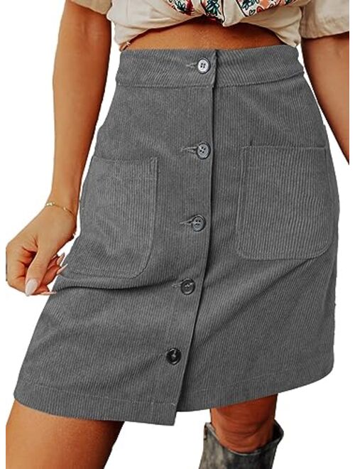 Happy Sailed Womens Corduroy Skirts Fall Winter High Waist Button Down A-line Short Mini Skirt with Pockets