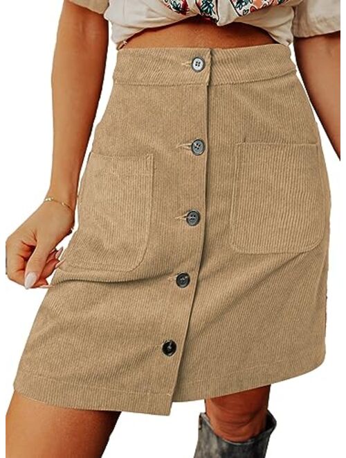 Happy Sailed Womens Corduroy Skirts Fall Winter High Waist Button Down A-line Short Mini Skirt with Pockets