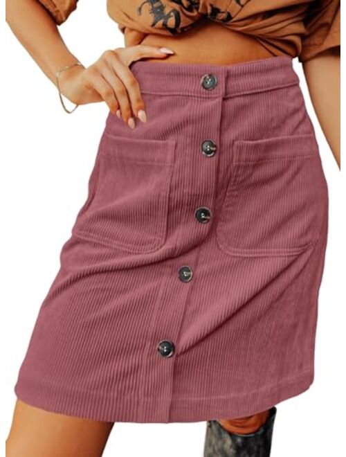 Happy Sailed Womens Corduroy Skirts Fall Winter High Waist Button Down A-line Short Mini Skirt with Pockets