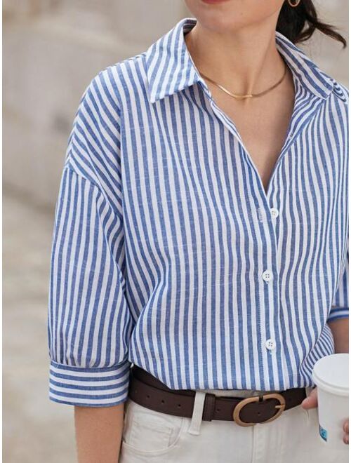 SHEIN Frenchy Striped Print Drop Shoulder Shirt