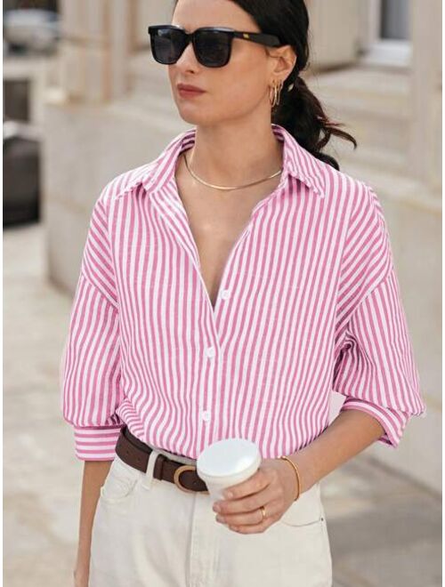 SHEIN Frenchy Striped Print Drop Shoulder Shirt