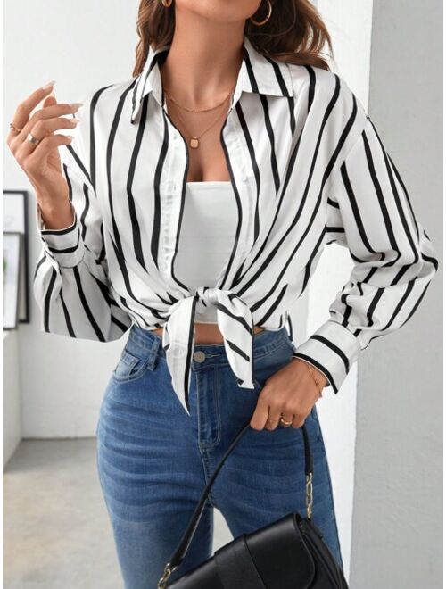 SHEIN Frenchy Striped Print Drop Shoulder Satin Shirt