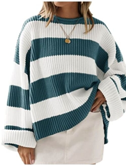 Women's 2023 Fall Long Sleeve Crew Neck Striped Color Block Comfy Loose Oversized Knitted Pullover Sweater