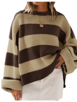 Women's 2023 Fall Long Sleeve Crew Neck Striped Color Block Comfy Loose Oversized Knitted Pullover Sweater