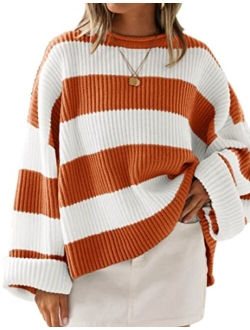 Women's 2023 Fall Long Sleeve Crew Neck Striped Color Block Comfy Loose Oversized Knitted Pullover Sweater