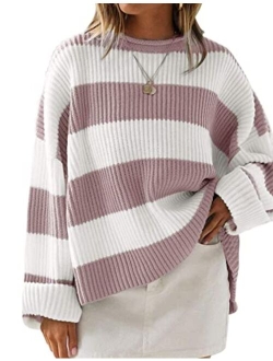 Women's 2023 Fall Long Sleeve Crew Neck Striped Color Block Comfy Loose Oversized Knitted Pullover Sweater