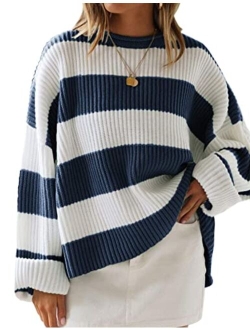 Women's 2023 Fall Long Sleeve Crew Neck Striped Color Block Comfy Loose Oversized Knitted Pullover Sweater