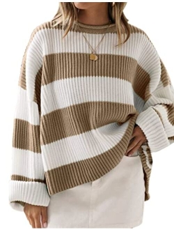 Women's 2023 Fall Long Sleeve Crew Neck Striped Color Block Comfy Loose Oversized Knitted Pullover Sweater