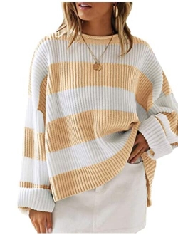 Women's 2023 Fall Long Sleeve Crew Neck Striped Color Block Comfy Loose Oversized Knitted Pullover Sweater