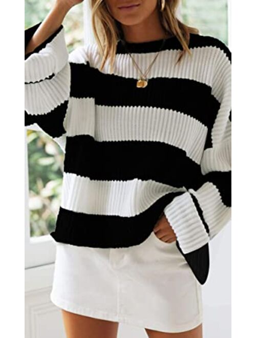 ZESICA Women's 2023 Fall Long Sleeve Crew Neck Striped Color Block Comfy Loose Oversized Knitted Pullover Sweater