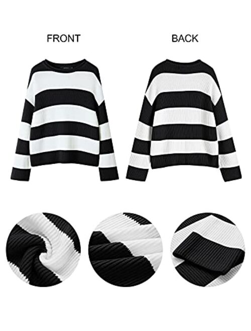 ZESICA Women's 2023 Fall Long Sleeve Crew Neck Striped Color Block Comfy Loose Oversized Knitted Pullover Sweater