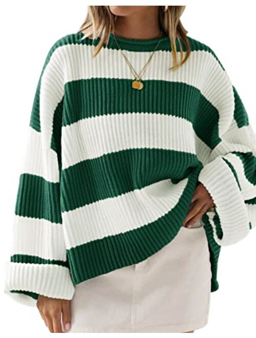 ZESICA Women's 2023 Fall Long Sleeve Crew Neck Striped Color Block Comfy Loose Oversized Knitted Pullover Sweater