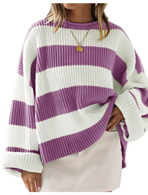ZESICA Women's 2023 Fall Long Sleeve Crew Neck Striped Color Block Comfy Loose Oversized Knitted Pullover Sweater