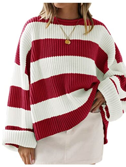 ZESICA Women's 2023 Fall Long Sleeve Crew Neck Striped Color Block Comfy Loose Oversized Knitted Pullover Sweater