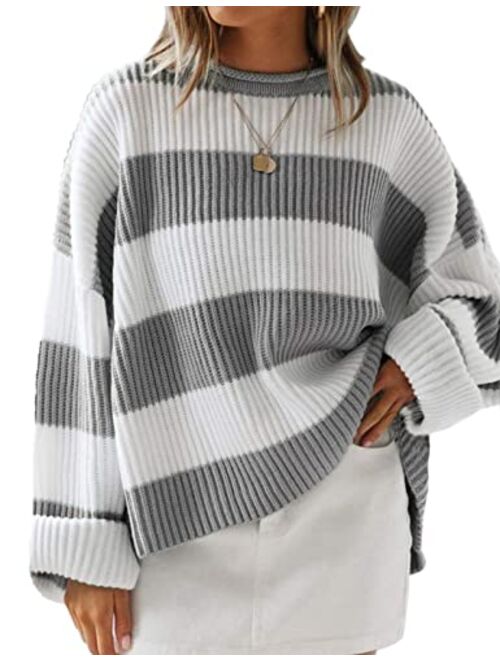 ZESICA Women's 2023 Fall Long Sleeve Crew Neck Striped Color Block Comfy Loose Oversized Knitted Pullover Sweater