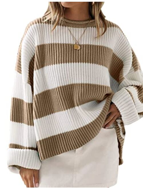 ZESICA Women's 2023 Fall Long Sleeve Crew Neck Striped Color Block Comfy Loose Oversized Knitted Pullover Sweater