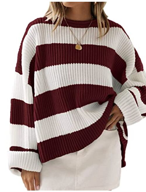 ZESICA Women's 2023 Fall Long Sleeve Crew Neck Striped Color Block Comfy Loose Oversized Knitted Pullover Sweater