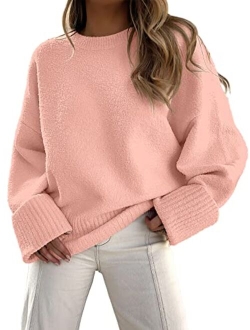 Women's Crewneck Long Sleeve Oversized Fuzzy Knit Chunky Warm Pullover Sweater Top