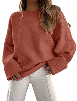 Women's Crewneck Long Sleeve Oversized Fuzzy Knit Chunky Warm Pullover Sweater Top