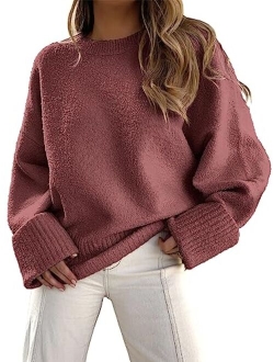 Women's Crewneck Long Sleeve Oversized Fuzzy Knit Chunky Warm Pullover Sweater Top