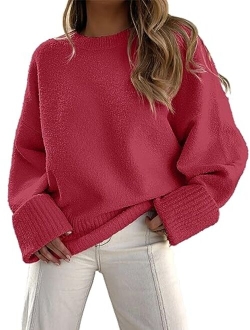 Women's Crewneck Long Sleeve Oversized Fuzzy Knit Chunky Warm Pullover Sweater Top