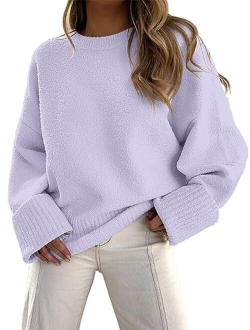 Women's Crewneck Long Sleeve Oversized Fuzzy Knit Chunky Warm Pullover Sweater Top