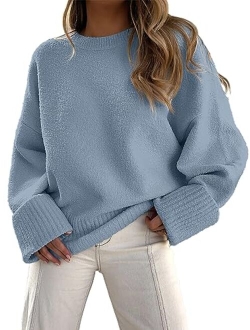 Women's Crewneck Long Sleeve Oversized Fuzzy Knit Chunky Warm Pullover Sweater Top