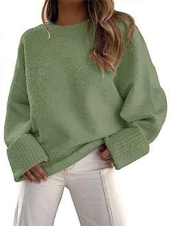 Women's Crewneck Long Sleeve Oversized Fuzzy Knit Chunky Warm Pullover Sweater Top