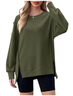 Micoson Womens Long Sleeve Crew Neck Shirts Side Split High Low Hem Pullover Tunic Tops Loose Ribbed Knit Blouses Top