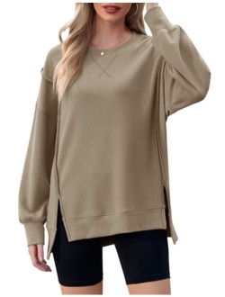 Micoson Womens Long Sleeve Crew Neck Shirts Side Split High Low Hem Pullover Tunic Tops Loose Ribbed Knit Blouses Top