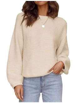 Women's 2023 Crew Neck Long Lantern Sleeve Casual Loose Ribbed Knit Solid Soft Pullover Sweater Tops