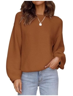 Women's 2023 Crew Neck Long Lantern Sleeve Casual Loose Ribbed Knit Solid Soft Pullover Sweater Tops