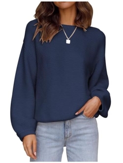 Women's 2023 Crew Neck Long Lantern Sleeve Casual Loose Ribbed Knit Solid Soft Pullover Sweater Tops