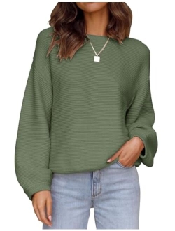 Women's 2023 Crew Neck Long Lantern Sleeve Casual Loose Ribbed Knit Solid Soft Pullover Sweater Tops