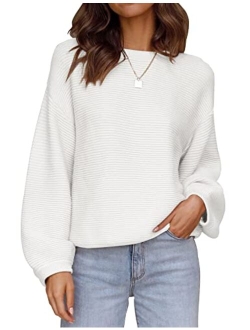 Women's 2023 Crew Neck Long Lantern Sleeve Casual Loose Ribbed Knit Solid Soft Pullover Sweater Tops