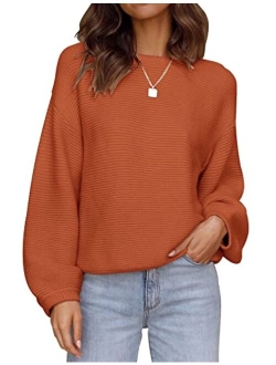 Women's 2023 Crew Neck Long Lantern Sleeve Casual Loose Ribbed Knit Solid Soft Pullover Sweater Tops