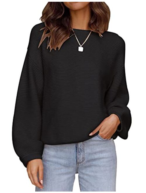 ZESICA Women's 2023 Crew Neck Long Lantern Sleeve Casual Loose Ribbed Knit Solid Soft Pullover Sweater Tops