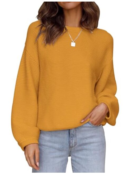 ZESICA Women's 2023 Crew Neck Long Lantern Sleeve Casual Loose Ribbed Knit Solid Soft Pullover Sweater Tops