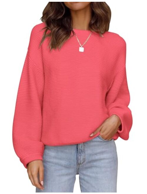 ZESICA Women's 2023 Crew Neck Long Lantern Sleeve Casual Loose Ribbed Knit Solid Soft Pullover Sweater Tops