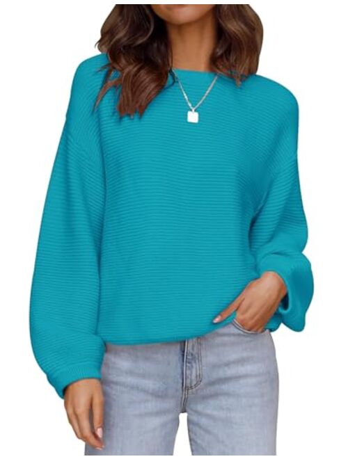 ZESICA Women's 2023 Crew Neck Long Lantern Sleeve Casual Loose Ribbed Knit Solid Soft Pullover Sweater Tops