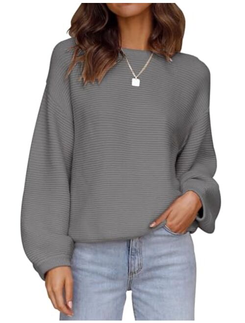 ZESICA Women's 2023 Crew Neck Long Lantern Sleeve Casual Loose Ribbed Knit Solid Soft Pullover Sweater Tops