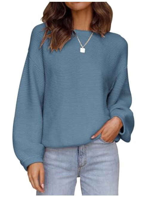 ZESICA Women's 2023 Crew Neck Long Lantern Sleeve Casual Loose Ribbed Knit Solid Soft Pullover Sweater Tops