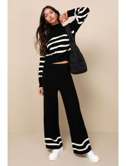 Effortlessly Charming Black Striped Wide-Leg Sweater Pants